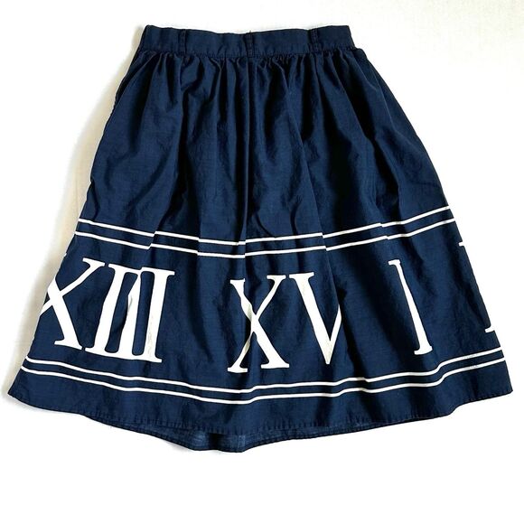 Modcloth Circle Skirt Roman Numeral Full Navy Women’s Size Small Cotton Zip - Picture 9 of 10